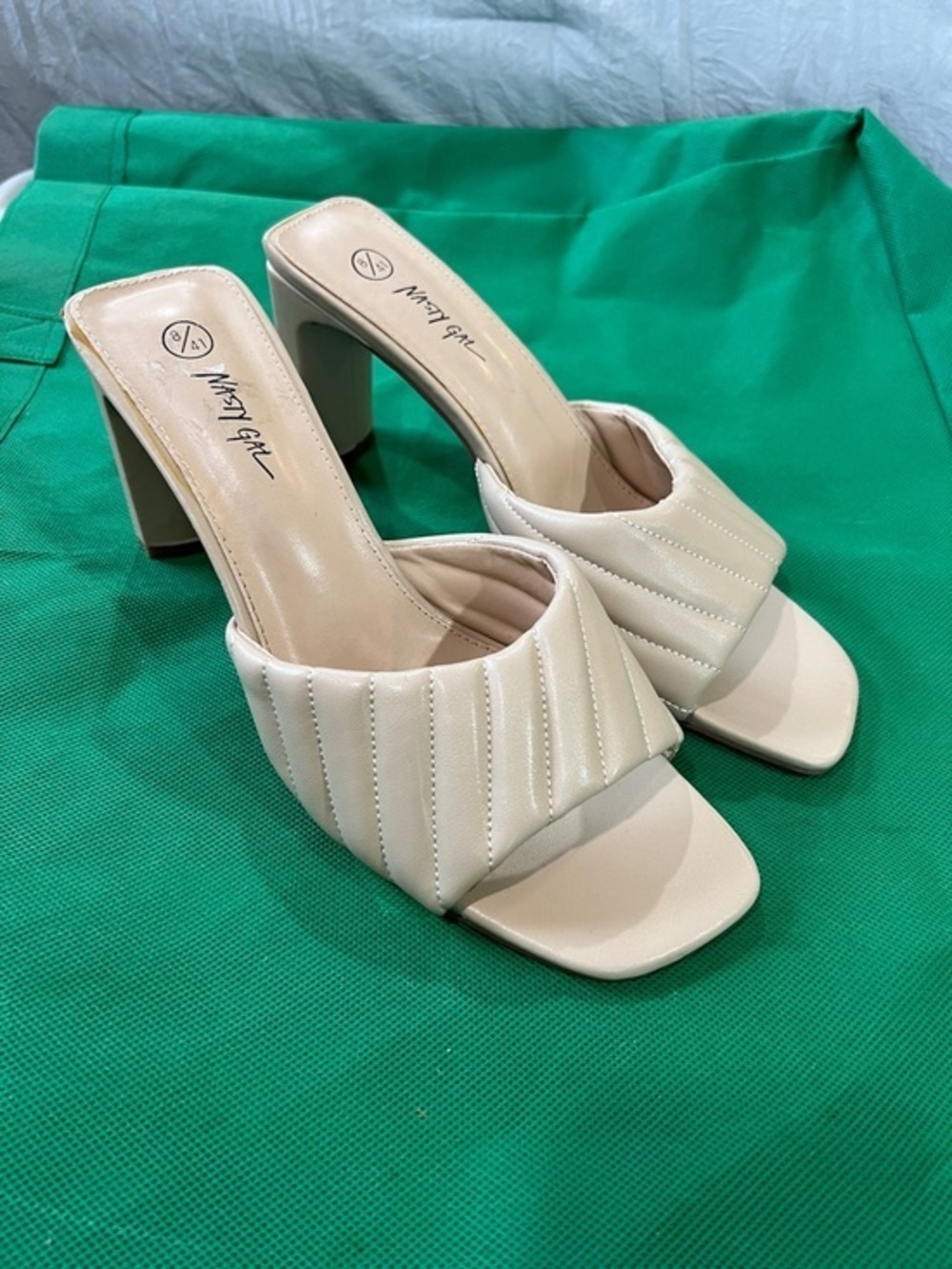 Nasty Gal Cream Quilted Square-Toe Block Heel Mules